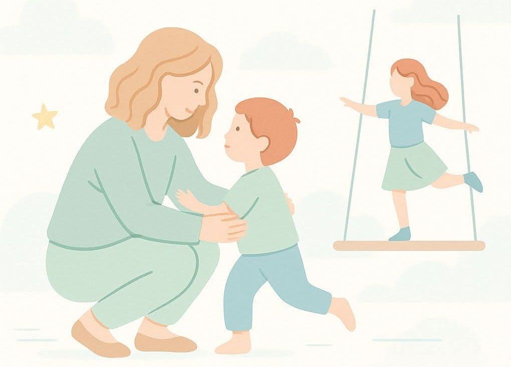 Ilustracja terapeuty wspierającego dziecko – metafora relacji i bezpieczeństwa w terapii integracji sensorycznej.