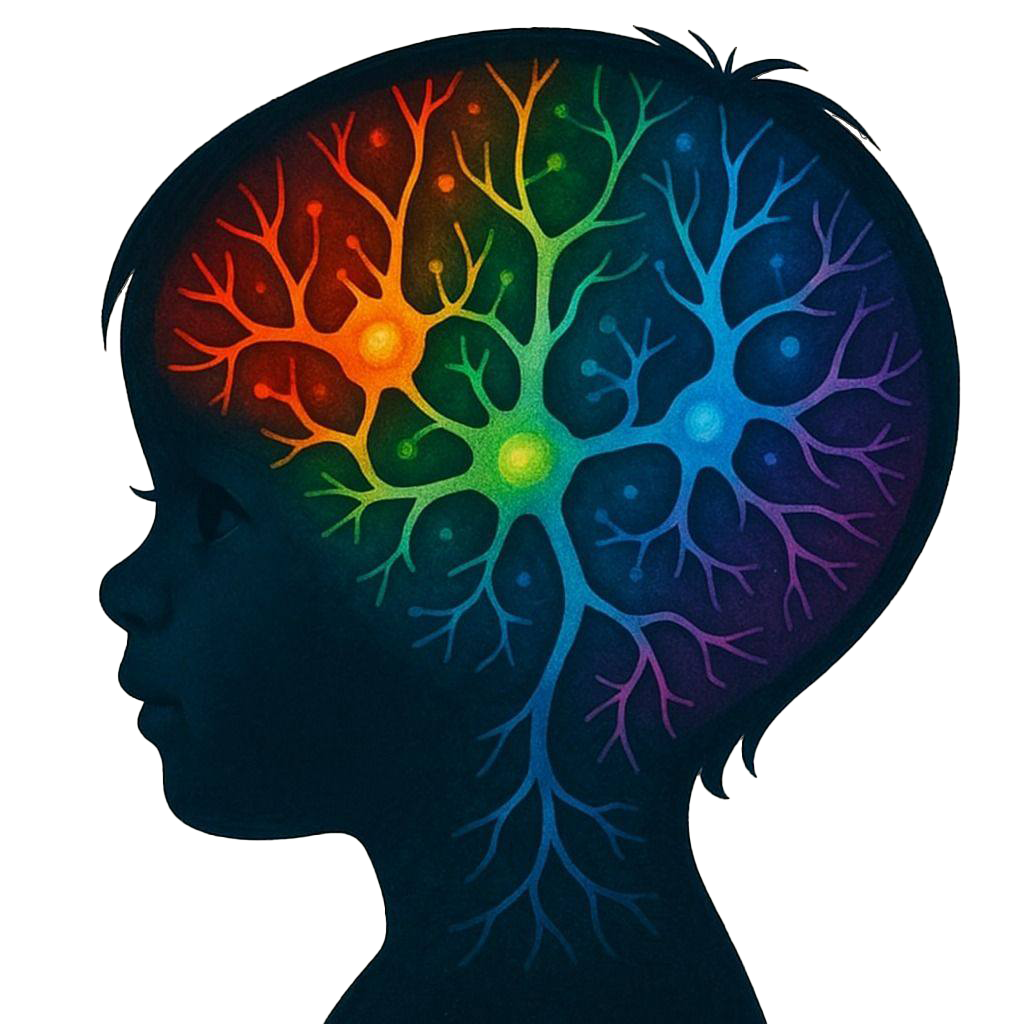 Grafika profilu dziecka z kolorowymi neuronami w mózgu – symbol terapii integracji sensorycznej w gabinecie Siódmy Zmysł w Olsztynie.
