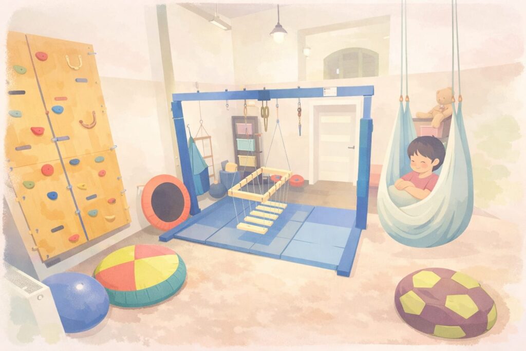 Sala do integracji sensorycznej w gabinecie Siódmy Zmysł w Olsztynie – profesjonalny sprzęt terapeutyczny, ścianka wspinaczkowa i huśtawki.