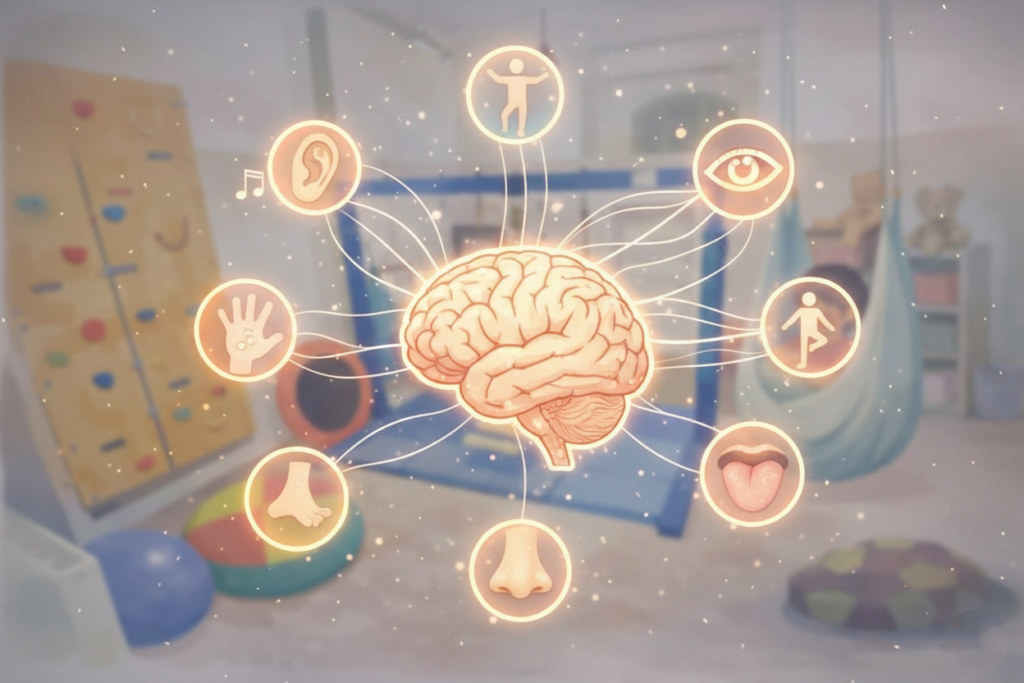 Ilustracja przedstawiająca terapeutkę wspierającą dziecko – terapia integracji sensorycznej Siódmy Zmysł Olsztyn.