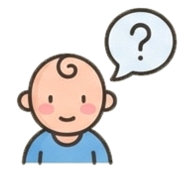 Rysunkowa postać małego dziecka z chmurką dialogową i znakiem zapytania, symbolizująca trudności z mową i komunikacją.